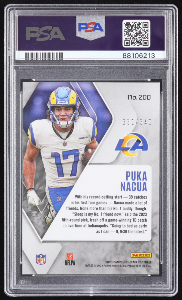 Puka Nacua 2023 Panini Phoenix Fire Burst #200 RC #331/340 (PSA 10) at PristineAuction.com Puka Nacua 2023 Panini Phoenix Fire Burst #200 RC #331/340 (PSA 10) at PristineAuction.com