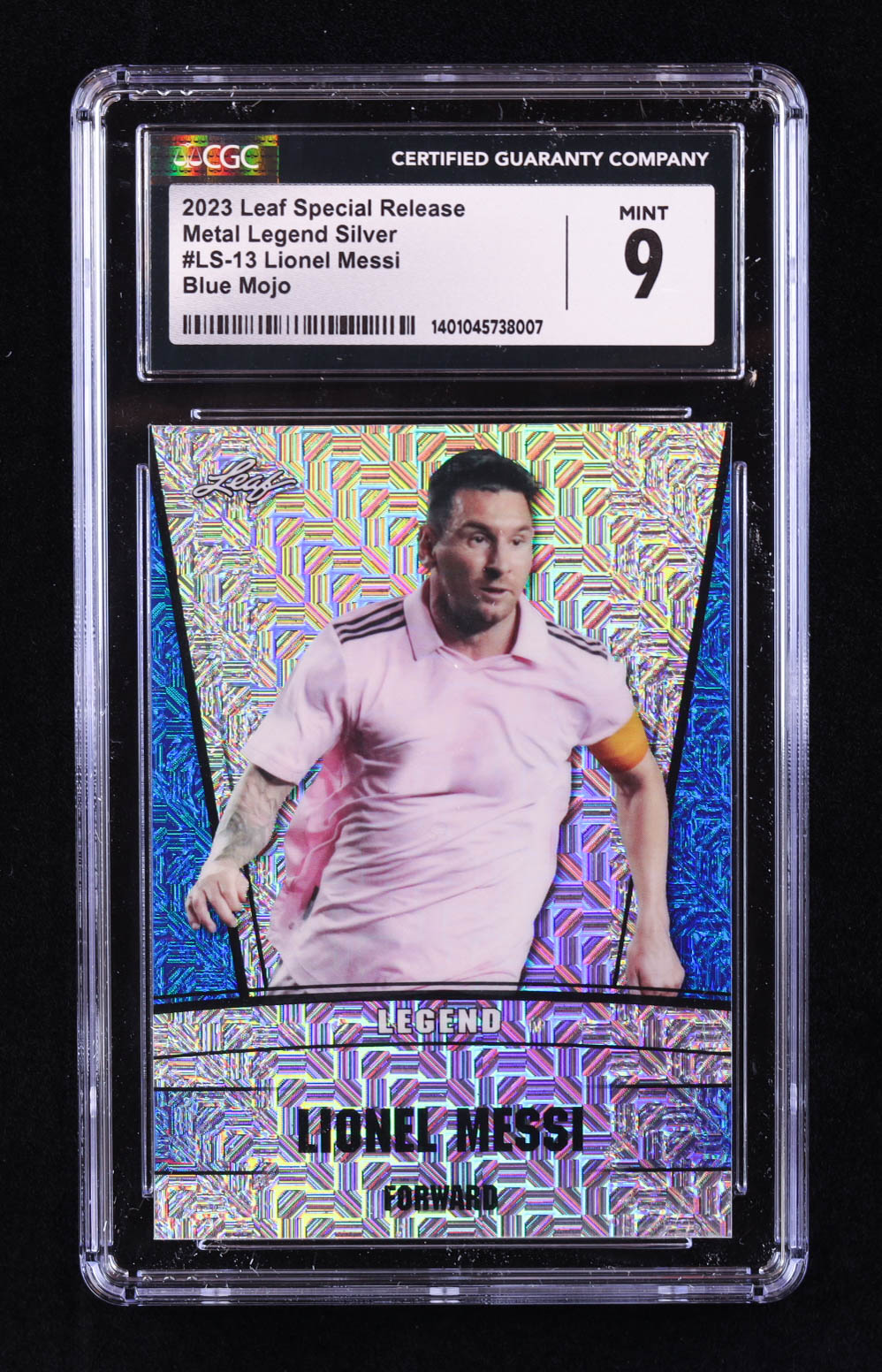 Lionel Messi 2023 Leaf Metal Special Release Legend Silver Mojo Blue #LS13 #8/20 (CGC 9) at PristineAuction.com Lionel Messi 2023 Leaf Metal Special Release Legend Silver Mojo Blue #LS13 #8/20 (CGC 9) at PristineAuction.com