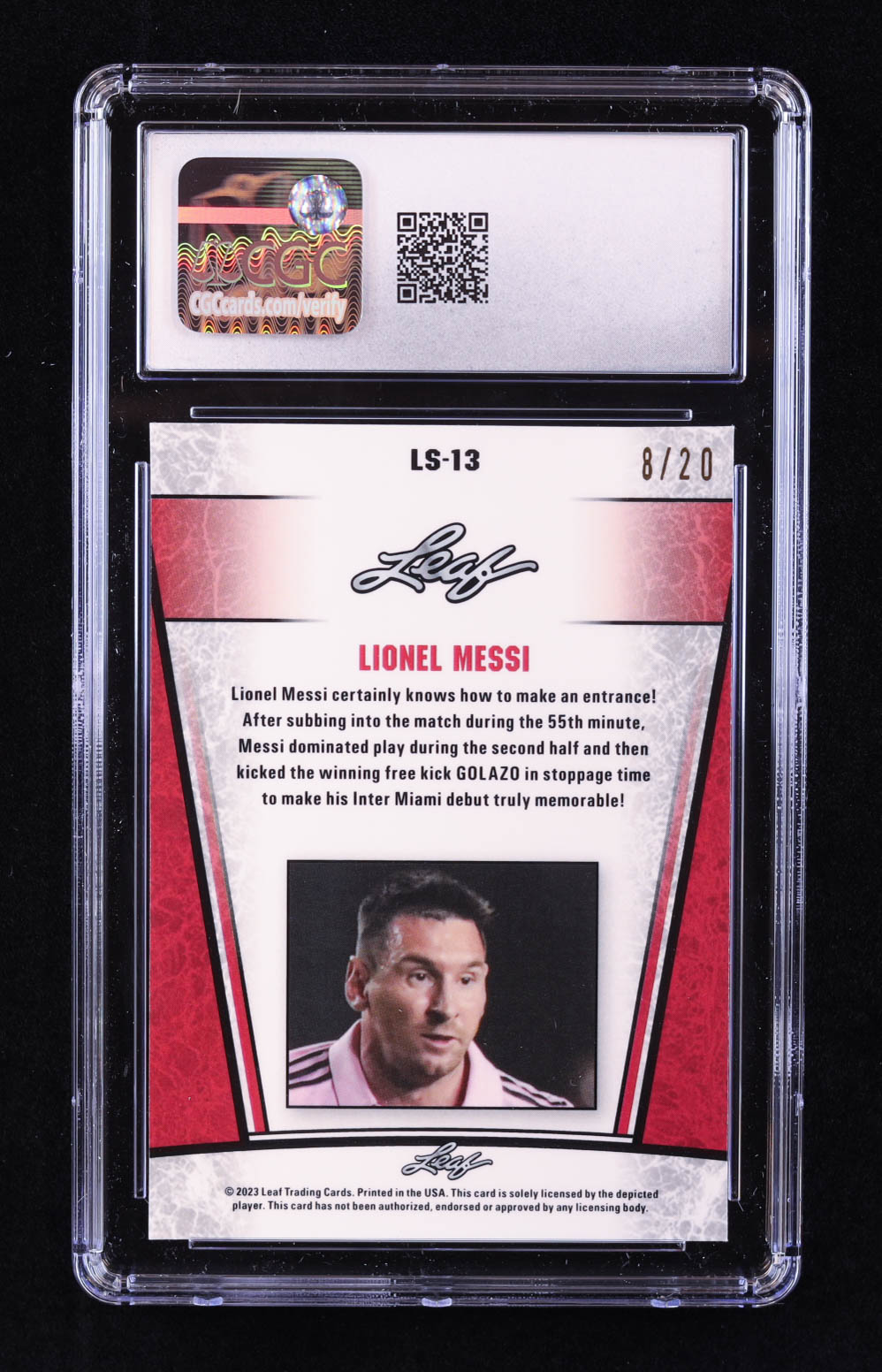 Lionel Messi 2023 Leaf Metal Special Release Legend Silver Mojo Blue #LS13 #8/20 (CGC 9) at PristineAuction.com Lionel Messi 2023 Leaf Metal Special Release Legend Silver Mojo Blue #LS13 #8/20 (CGC 9) at PristineAuction.com