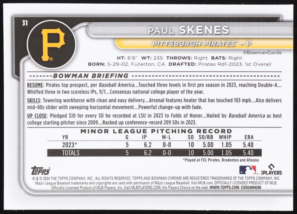 Paul Skenes 2024 Bowman Chrome Mega Box #31 RC at PristineAuction.com Paul Skenes 2024 Bowman Chrome Mega Box #31 RC at PristineAuction.com