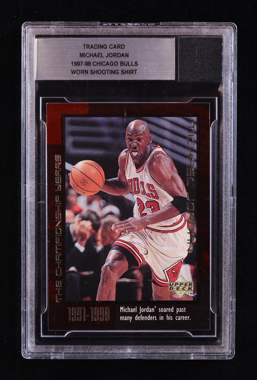 Michael Jordan 1999 Upper Deck Michael Jordan Career #29 / The Championship Years with Worn Shooting Shirt Piece (BGS) at PristineAuction.com Michael Jordan 1999 Upper Deck Michael Jordan Career #29 / The Championship Years with Worn Shooting Shirt Piece (BGS) at PristineAuction.com