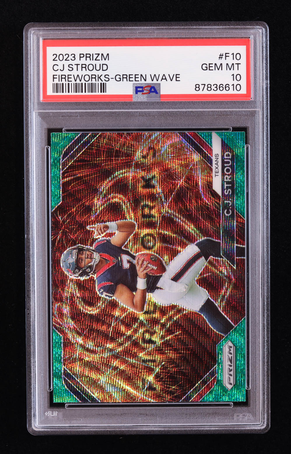 CJ Stroud 2023 Panini Prizm Fireworks Prizms Green Wave #10 RC (PSA 10) at PristineAuction.com CJ Stroud 2023 Panini Prizm Fireworks Prizms Green Wave #10 RC (PSA 10) at PristineAuction.com