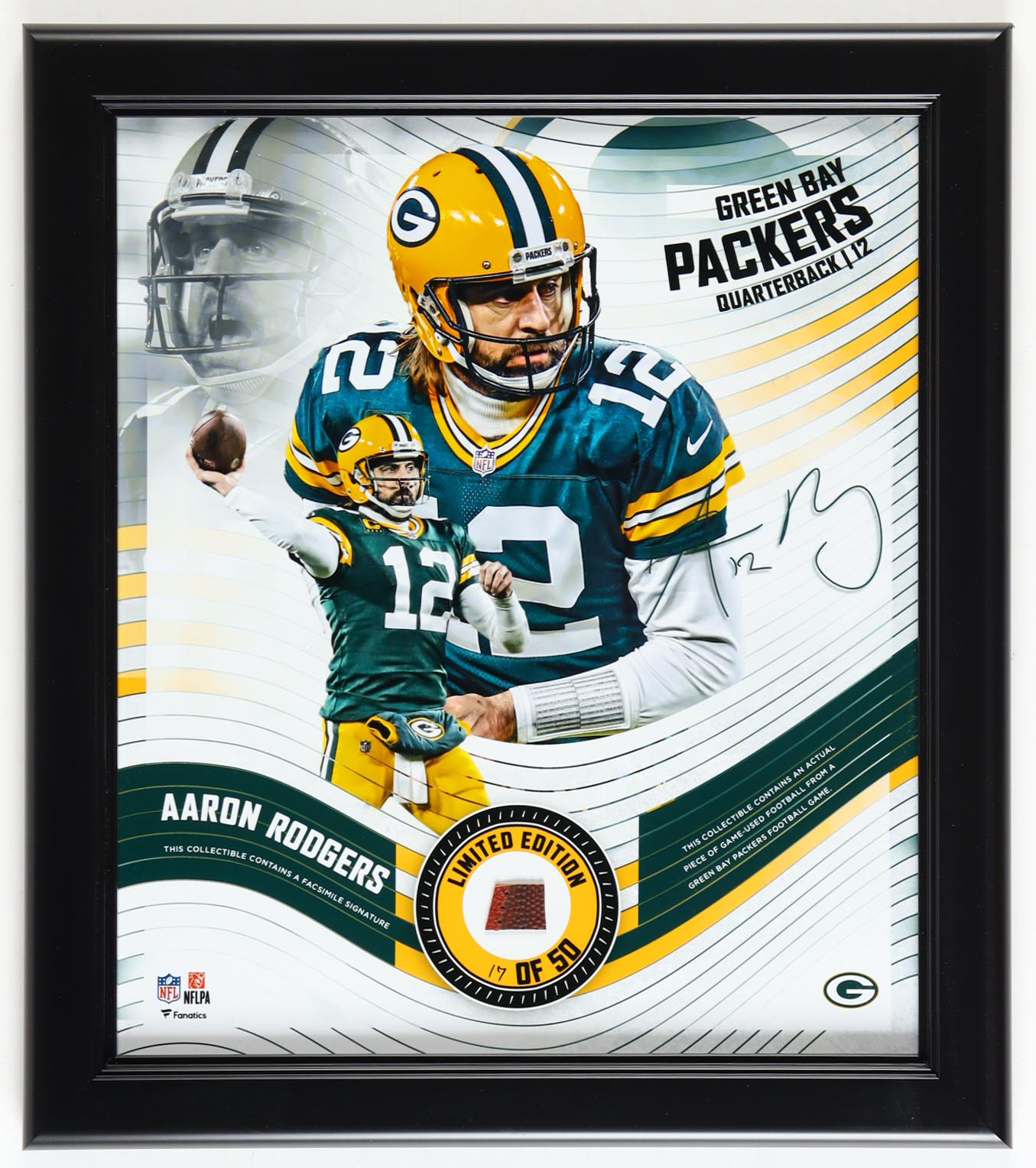 Aaron Rodgers LE Packers Custom Framed Photo Display with Game-Used Football Piece (Fanatics) at PristineAuction.com Aaron Rodgers LE Packers Custom Framed Photo Display with Game-Used Football Piece (Fanatics) at PristineAuction.com