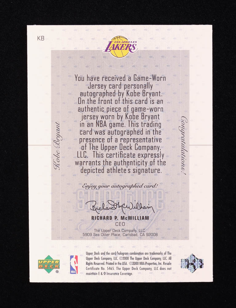 Kobe Bryant 2000-01 UD Pros & Prospects Signature Jerseys #KB at PristineAuction.com Kobe Bryant 2000-01 UD Pros & Prospects Signature Jerseys #KB at PristineAuction.com