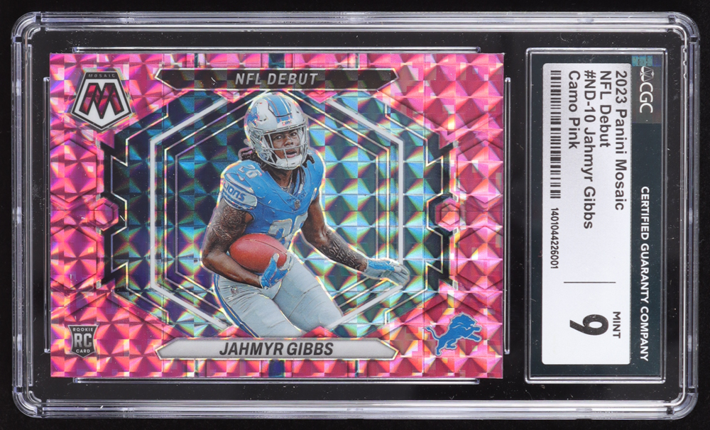 Jahmyr Gibbs 2023 Panini Mosaic NFL Debut Mosaic Pink #10 RC (CGC 9) at PristineAuction.com Jahmyr Gibbs 2023 Panini Mosaic NFL Debut Mosaic Pink #10 RC (CGC 9) at PristineAuction.com