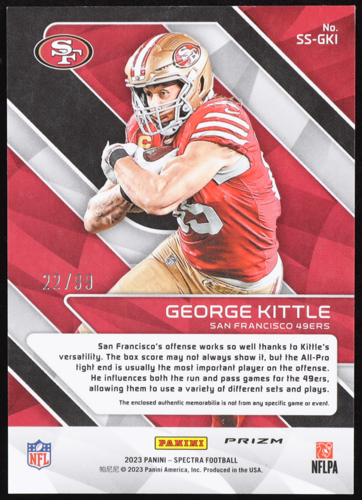 George Kittle 2023 Panini Spectra Sunday Spectacle Materials Silver #SSGKI #22/99 at PristineAuction.com George Kittle 2023 Panini Spectra Sunday Spectacle Materials Silver #SSGKI #22/99 at PristineAuction.com