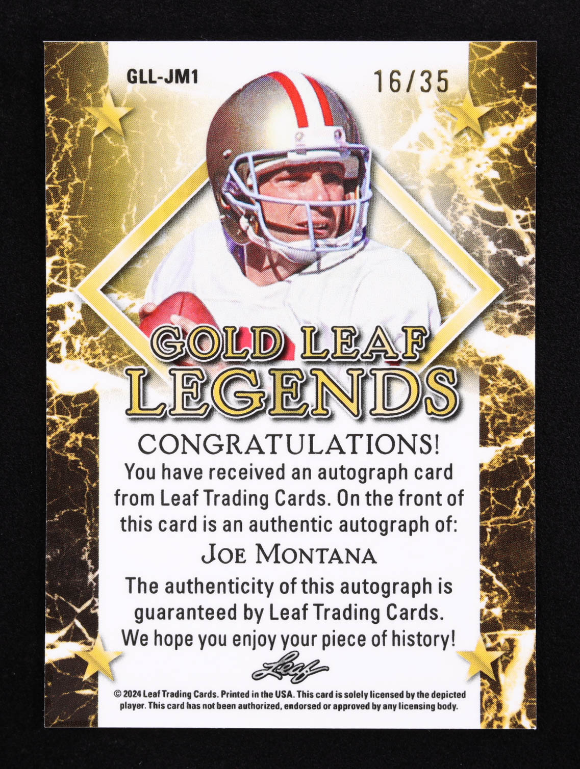 Joe Montana 2024 Leaf Legacy Collection "Gold Leaf Legends" #GLL-JM1 Autograph Silver Prismatic SP Variation #16/35 at PristineAuction.com Joe Montana 2024 Leaf Legacy Collection "Gold Leaf Legends" #GLL-JM1 Autograph Silver Prismatic SP Variation #16/35 at PristineAuction.com