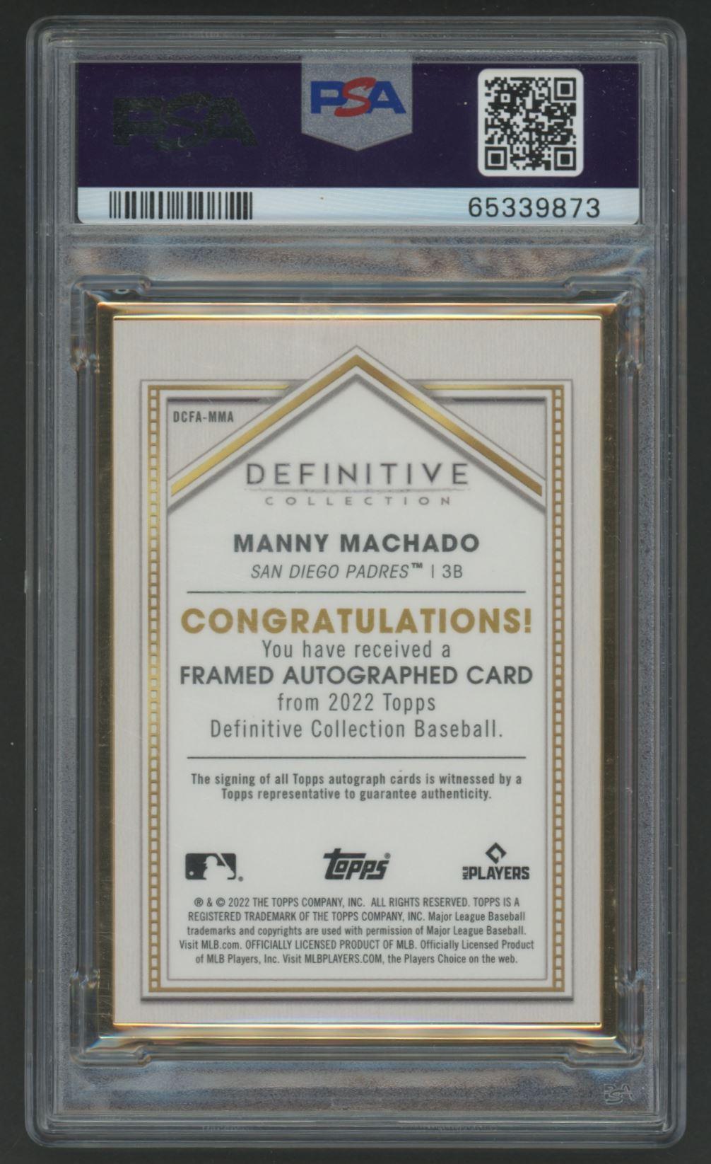 Manny Machado 2022 Topps Definitive Framed Purple Autograph Collection #MMA #6/10 (PSA 10) at PristineAuction.com Manny Machado 2022 Topps Definitive Framed Purple Autograph Collection #MMA #6/10 (PSA 10) at PristineAuction.com