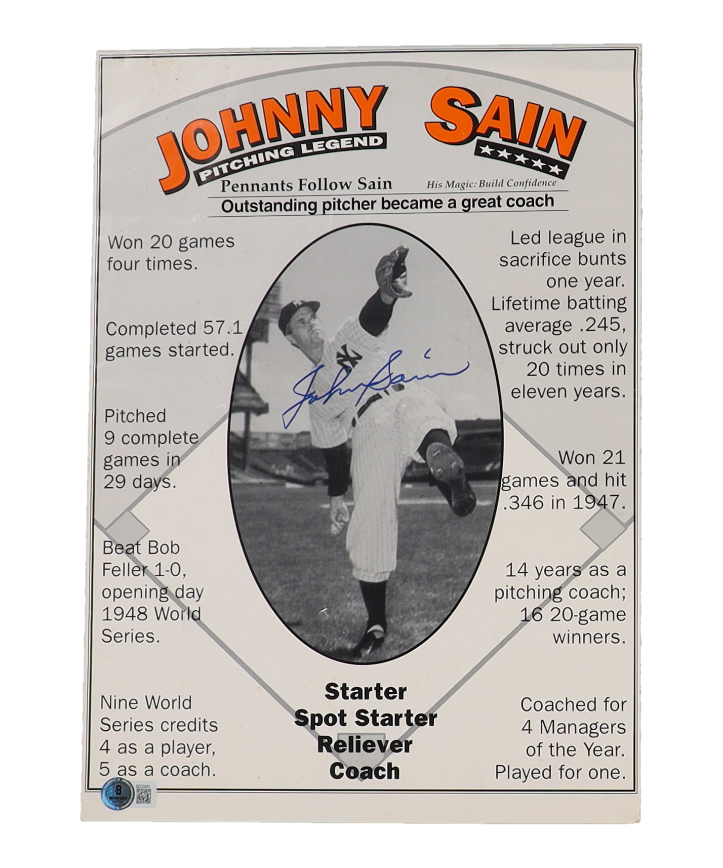 Johnny Sain Signed Yankees Commemorative 19x31 Career Stat Poster (Beckett) at PristineAuction.com Johnny Sain Signed Yankees Commemorative 19x31 Career Stat Poster (Beckett) at PristineAuction.com