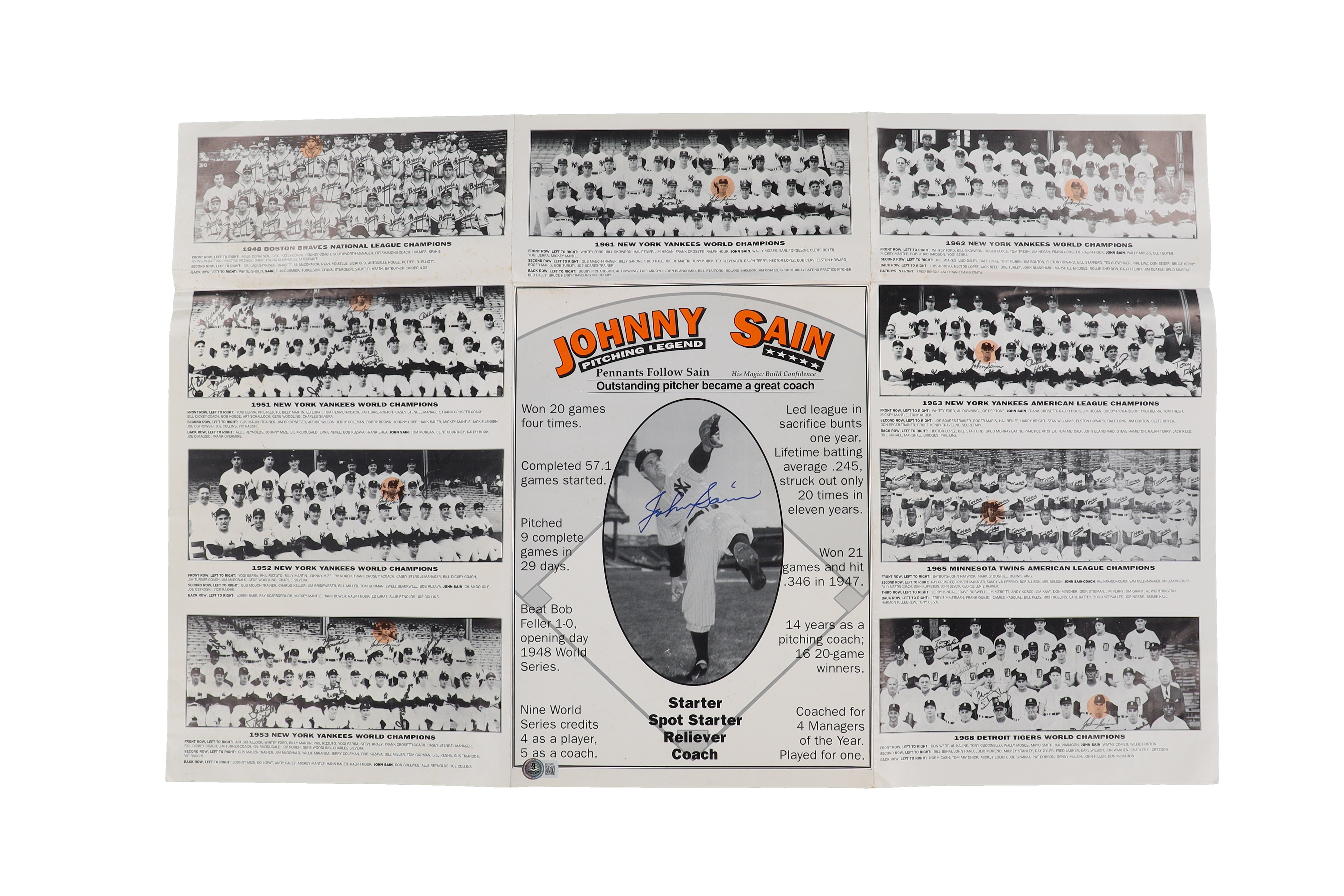 Johnny Sain Signed Yankees Commemorative 19x31 Career Stat Poster (Beckett) at PristineAuction.com Johnny Sain Signed Yankees Commemorative 19x31 Career Stat Poster (Beckett) at PristineAuction.com