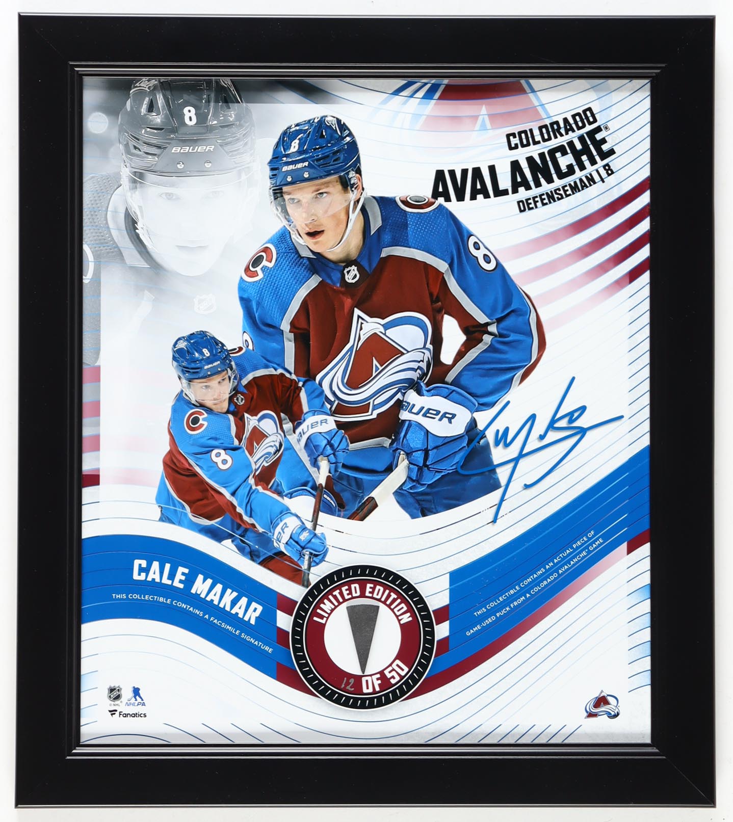 Cale Makar LE Avalanche Custom Framed Photo with Game-Used Puck Display (Fanatics) at PristineAuction.com Cale Makar LE Avalanche Custom Framed Photo with Game-Used Puck Display (Fanatics) at PristineAuction.com