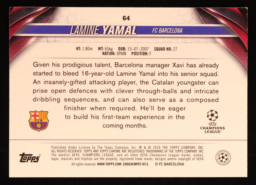 Lamine Yamal 2023-24 Topps Chrome UEFA Champions League Prism Refractors #64 RC at PristineAuction.com Lamine Yamal 2023-24 Topps Chrome UEFA Champions League Prism Refractors #64 RC at PristineAuction.com