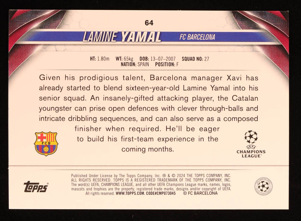 Lamine Yamal 2023-24 Topps UEFA Champions League Jade Refractors #64 RC at PristineAuction.com Lamine Yamal 2023-24 Topps UEFA Champions League Jade Refractors #64 RC at PristineAuction.com