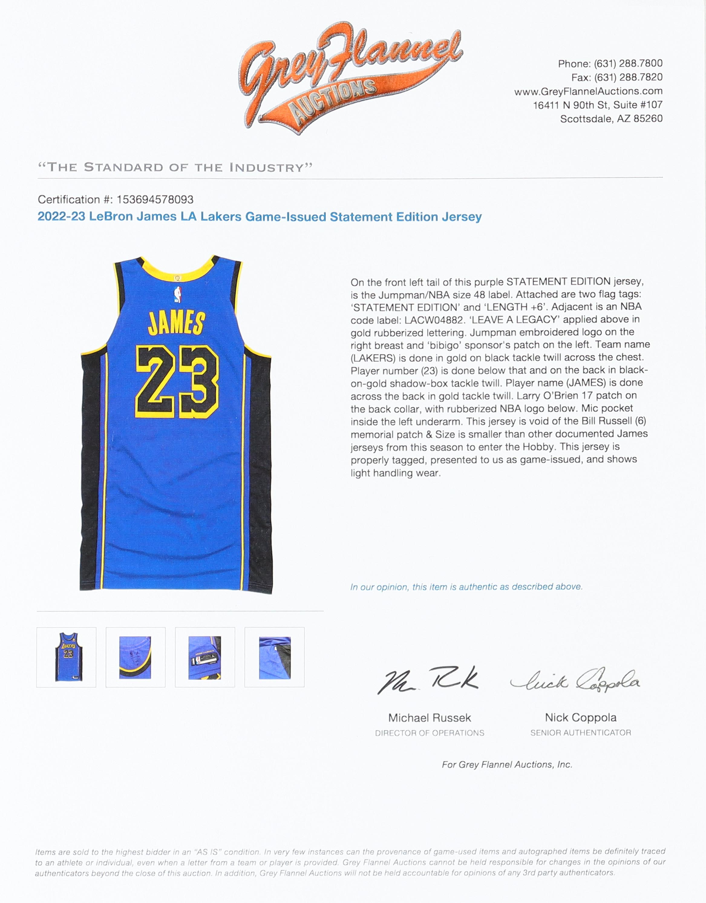 LeBron James Lakers 2022-23 Game-Issued Statement Edition Jersey with Evidence of Light Wear (Grey Flannel LOA) at PristineAuction.com LeBron James Lakers 2022-23 Game-Issued Statement Edition Jersey with Evidence of Light Wear (Grey Flannel LOA) at PristineAuction.com