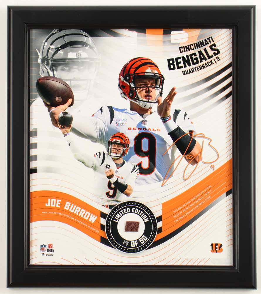 Joe Burrow Bengals LE Custom Framed Display with Piece of Game-Used Football (Fanatics) at PristineAuction.com Joe Burrow Bengals LE Custom Framed Display with Piece of Game-Used Football (Fanatics) at PristineAuction.com