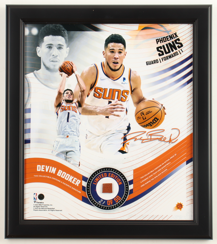 Devin Booker LE Suns Custom Framed Game-Used Basketball Piece Collage (Fanatics) at PristineAuction.com Devin Booker LE Suns Custom Framed Game-Used Basketball Piece Collage (Fanatics) at PristineAuction.com