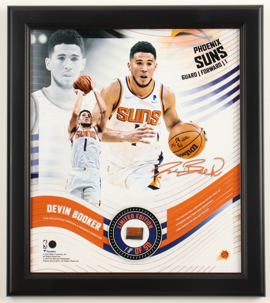 Devin Booker LE Suns Custom Framed Game-Used Basketball Piece Collage (Fanatics) at PristineAuction.com Devin Booker LE Suns Custom Framed Game-Used Basketball Piece Collage (Fanatics) at PristineAuction.com
