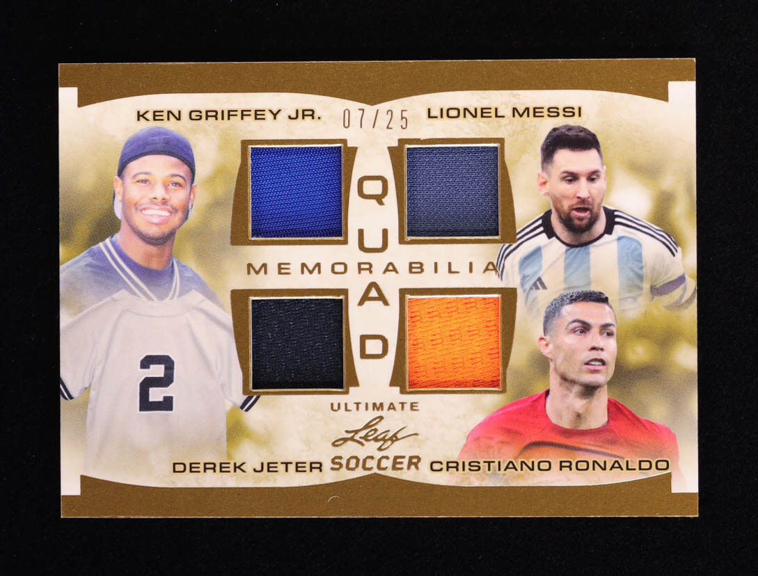 Ken Griffey Jr. / Lionel Messi / Derek Jeter / Cristiano Ronaldo 2023 Leaf Ultimate Quad Memorabilia Gold #UQM8 #07/25 at PristineAuction.com Ken Griffey Jr. / Lionel Messi / Derek Jeter / Cristiano Ronaldo 2023 Leaf Ultimate Quad Memorabilia Gold #UQM8 #07/25 at PristineAuction.com
