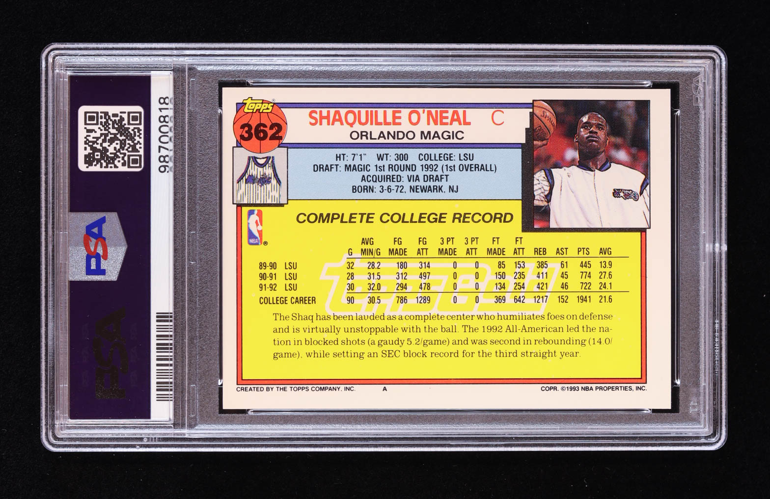 Shaquille O'Neal 1992-93 Topps Gold #362 RC (PSA 8) at PristineAuction.com Shaquille O'Neal 1992-93 Topps Gold #362 RC (PSA 8) at PristineAuction.com