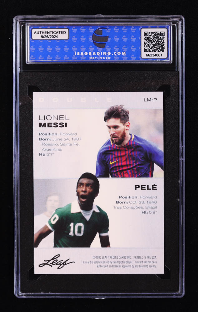 Lionel Messi / Pele 2022 Leaf Special Release Exclusive Legends Edition Double #LMP (ISA 10) at PristineAuction.com Lionel Messi / Pele 2022 Leaf Special Release Exclusive Legends Edition Double #LMP (ISA 10) at PristineAuction.com