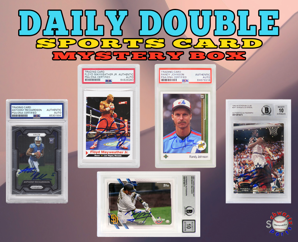 DAILY DOUBLE Autographed Sports Card Mystery Box - 2024 Series 6 (Limited to 150) - Schwartz Sports at PristineAuction.com DAILY DOUBLE Autographed Sports Card Mystery Box - 2024 Series 6 (Limited to 150) - Schwartz Sports at PristineAuction.com