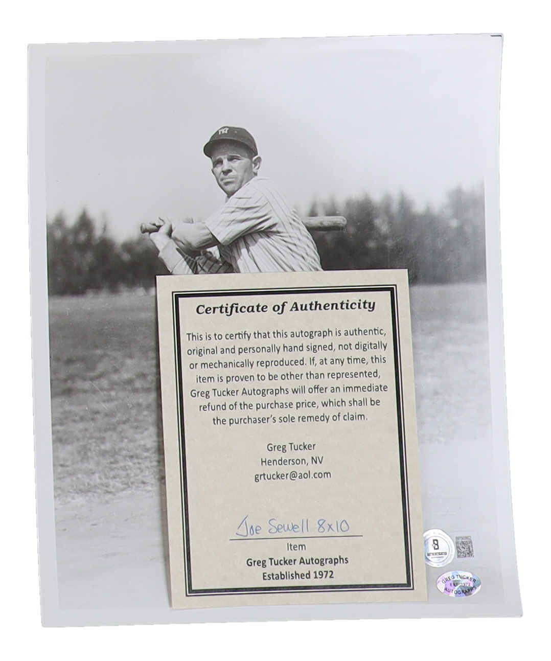 Joe Sewell Signed Yankees 8x10 Photo Inscribed "Llots of Luck" (Beckett) at PristineAuction.com Joe Sewell Signed Yankees 8x10 Photo Inscribed "Llots of Luck" (Beckett) at PristineAuction.com