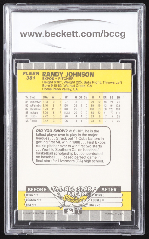 Randy Johnson 1989 Fleer #381 RC (BCCG 10) at PristineAuction.com Randy Johnson 1989 Fleer #381 RC (BCCG 10) at PristineAuction.com