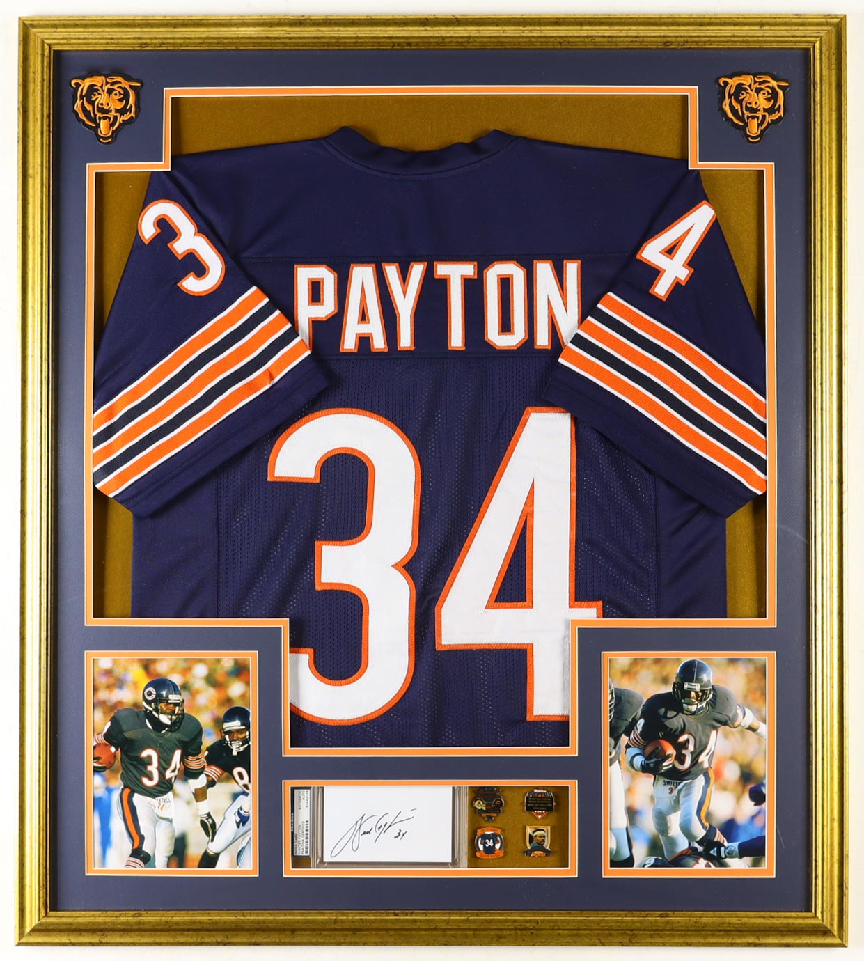 Walter Payton Signed Custom Framed Cut Display With Jersey, (4) Super Bowl & Hall Of Fame Pins & (2) Cloth Team Logo Patches (PSA) at PristineAuction.com Walter Payton Signed Custom Framed Cut Display With Jersey, (4) Super Bowl & Hall Of Fame Pins & (2) Cloth Team Logo Patches (PSA) at PristineAuction.com