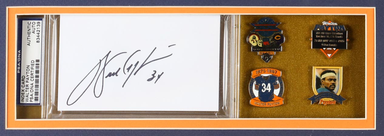 Walter Payton Signed Custom Framed Cut Display With Jersey, (4) Super Bowl & Hall Of Fame Pins & (2) Cloth Team Logo Patches (PSA) at PristineAuction.com Walter Payton Signed Custom Framed Cut Display With Jersey, (4) Super Bowl & Hall Of Fame Pins & (2) Cloth Team Logo Patches (PSA) at PristineAuction.com