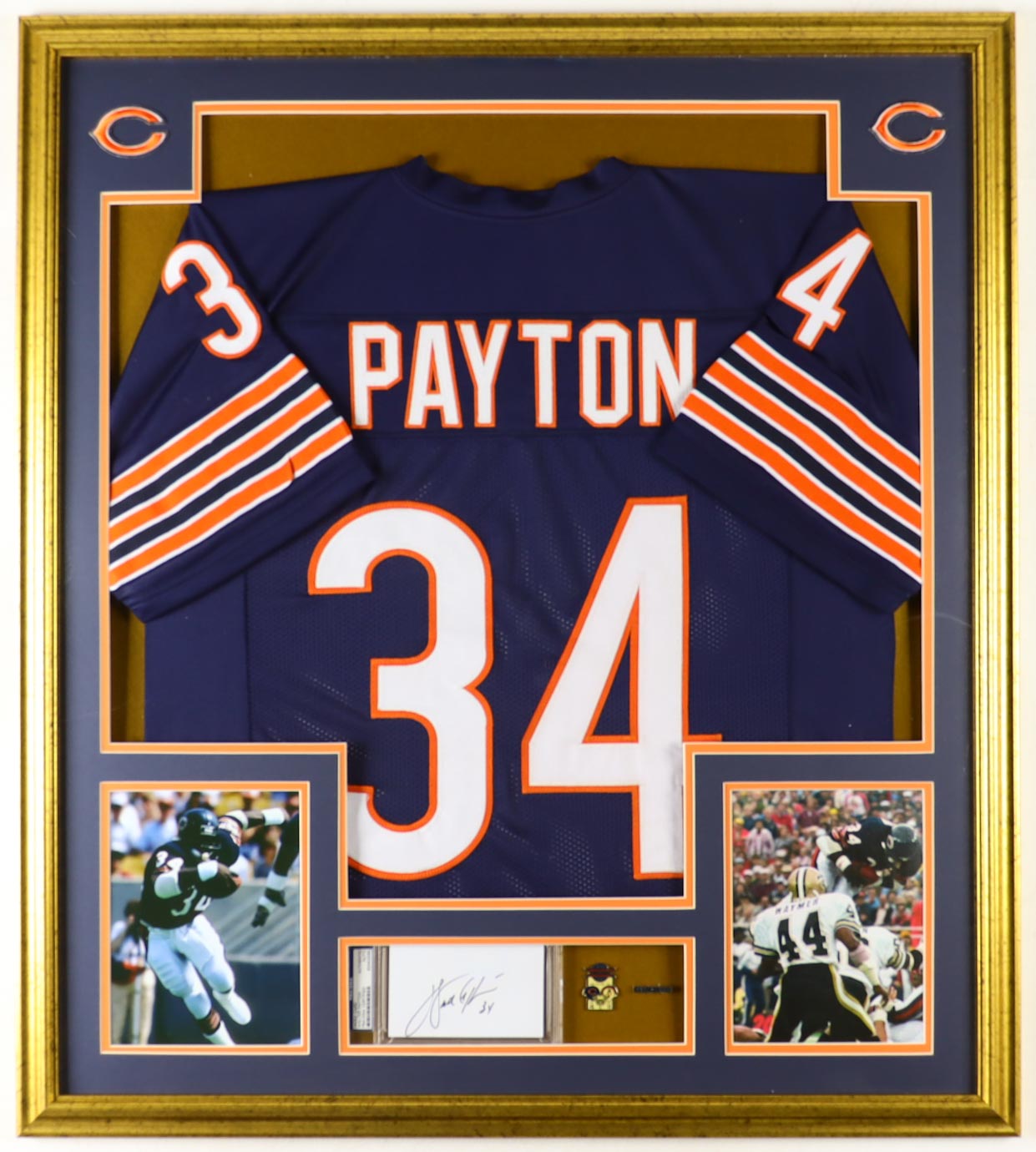 Walter Payton Signed Custom Framed Cut Display With Jersey, Super Bowl & Logo Pins & (2) Cloth Team Logo Patches (PSA) at PristineAuction.com Walter Payton Signed Custom Framed Cut Display With Jersey, Super Bowl & Logo Pins & (2) Cloth Team Logo Patches (PSA) at PristineAuction.com