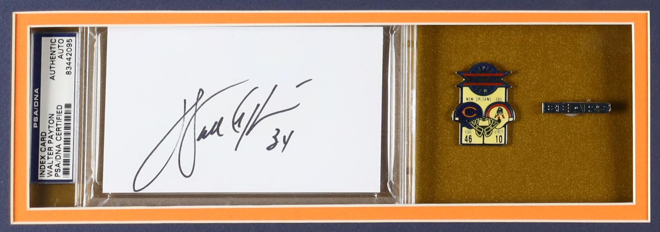 Walter Payton Signed Custom Framed Cut Display With Jersey, Super Bowl & Logo Pins & (2) Cloth Team Logo Patches (PSA) at PristineAuction.com Walter Payton Signed Custom Framed Cut Display With Jersey, Super Bowl & Logo Pins & (2) Cloth Team Logo Patches (PSA) at PristineAuction.com