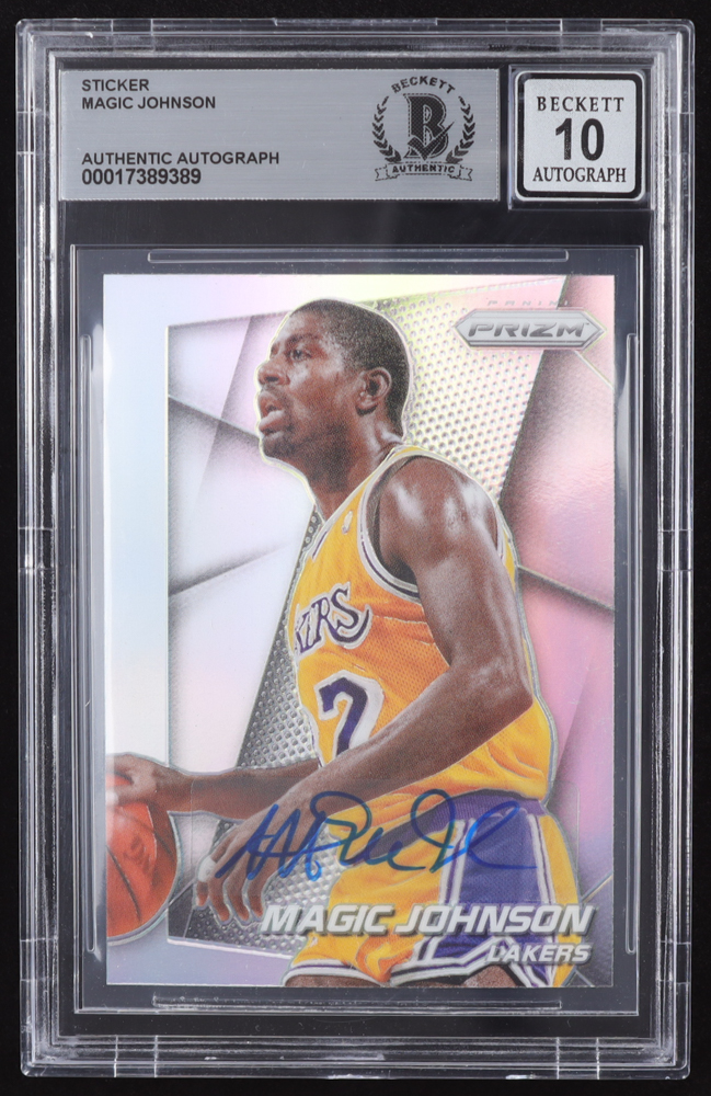 Magic Johnson Signed Sticker on 2014-15 Panini Prizm Prizms #175 (BGS | Auto 10) at PristineAuction.com Magic Johnson Signed Sticker on 2014-15 Panini Prizm Prizms #175 (BGS | Auto 10) at PristineAuction.com