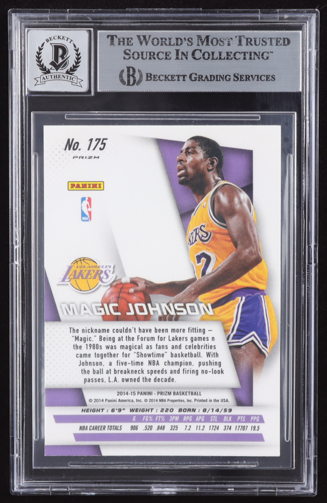 Magic Johnson Signed Sticker on 2014-15 Panini Prizm Prizms #175 (BGS | Auto 10) at PristineAuction.com Magic Johnson Signed Sticker on 2014-15 Panini Prizm Prizms #175 (BGS | Auto 10) at PristineAuction.com