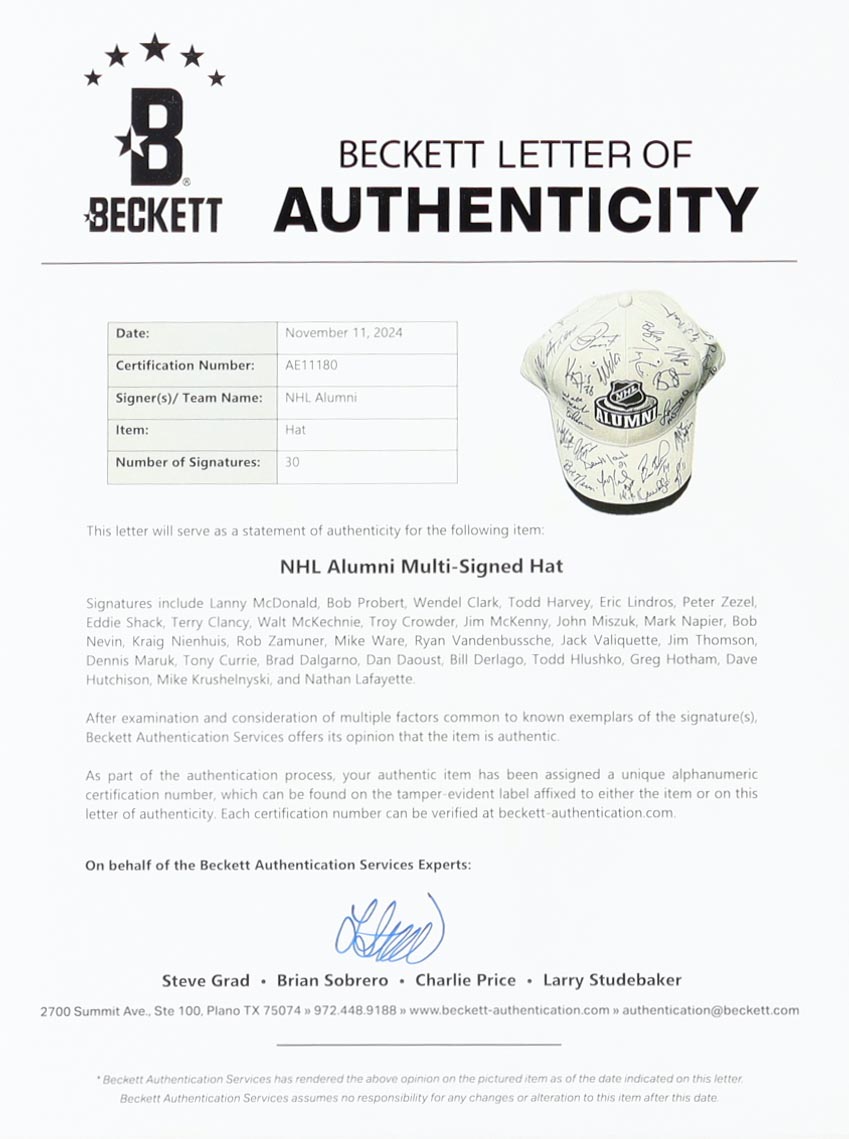 NHL "Hockey's Greatest" Alumni Hat Signed by (30) with Lanny McDonald, Bob Probert, Wendel Clark, Todd Harvey (Beckett) at PristineAuction.com NHL "Hockey's Greatest" Alumni Hat Signed by (30) with Lanny McDonald, Bob Probert, Wendel Clark, Todd Harvey (Beckett) at PristineAuction.com
