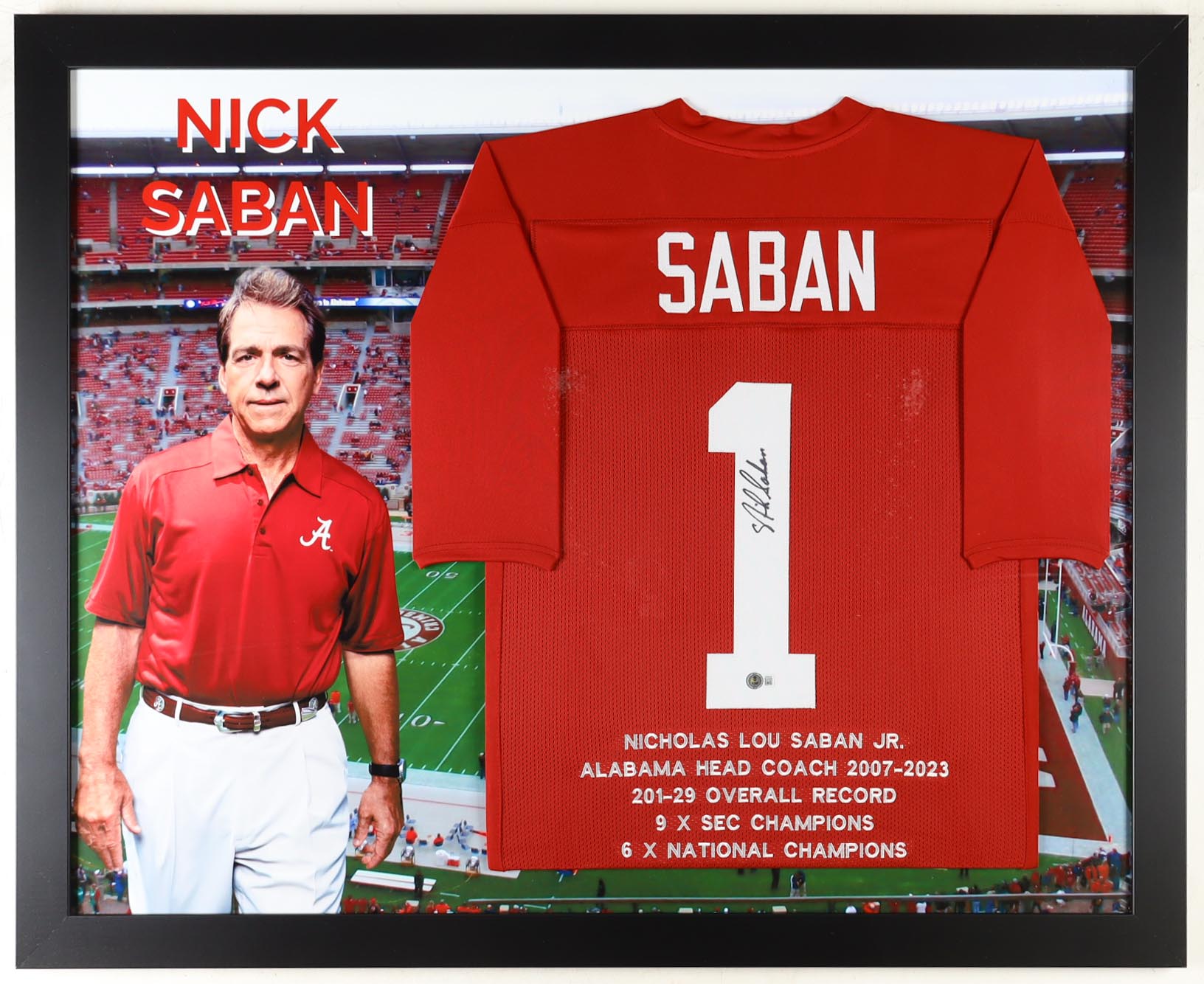 Nick Saban Signed Custom Framed Career Highlight Stat Jersey Display (Beckett) at PristineAuction.com Nick Saban Signed Custom Framed Career Highlight Stat Jersey Display (Beckett) at PristineAuction.com