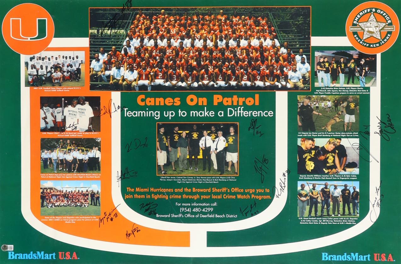2001 Miami Hurricanes 24x36 Poster Team-Signed By (16) With Ed Reed, Ken Dorsey, Bryant McKinnie, Larry Coker (Beckett) at PristineAuction.com 2001 Miami Hurricanes 24x36 Poster Team-Signed By (16) With Ed Reed, Ken Dorsey, Bryant McKinnie, Larry Coker (Beckett) at PristineAuction.com