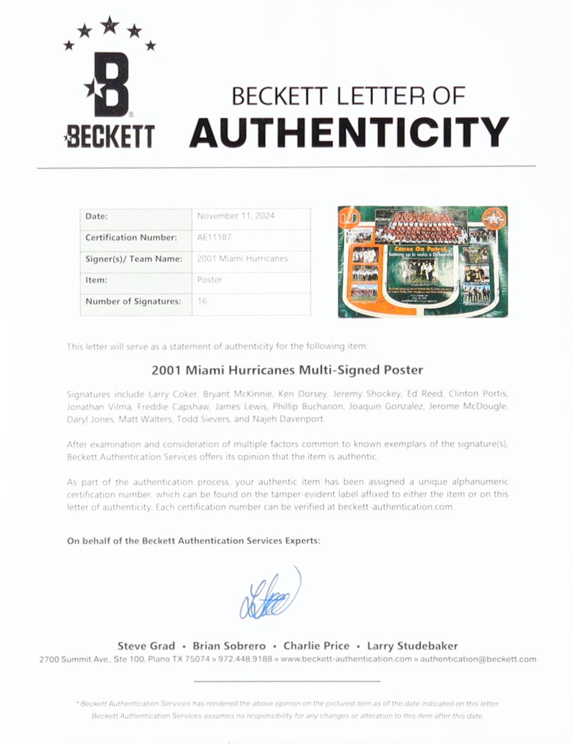2001 Miami Hurricanes 24x36 Poster Team-Signed By (16) With Ed Reed, Ken Dorsey, Bryant McKinnie, Larry Coker (Beckett) at PristineAuction.com 2001 Miami Hurricanes 24x36 Poster Team-Signed By (16) With Ed Reed, Ken Dorsey, Bryant McKinnie, Larry Coker (Beckett) at PristineAuction.com