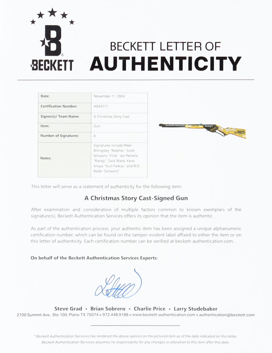"A Christmas Story" Daisy Red Ryder BB Gun Cast-Signed by (6) with Peter Billingsley, Scott Schwartz, R.D. Robb, Ian Petrella with Character Name Inscriptions (Beckett) at PristineAuction.com "A Christmas Story" Daisy Red Ryder BB Gun Cast-Signed by (6) with Peter Billingsley, Scott Schwartz, R.D. Robb, Ian Petrella with Character Name Inscriptions (Beckett) at PristineAuction.com