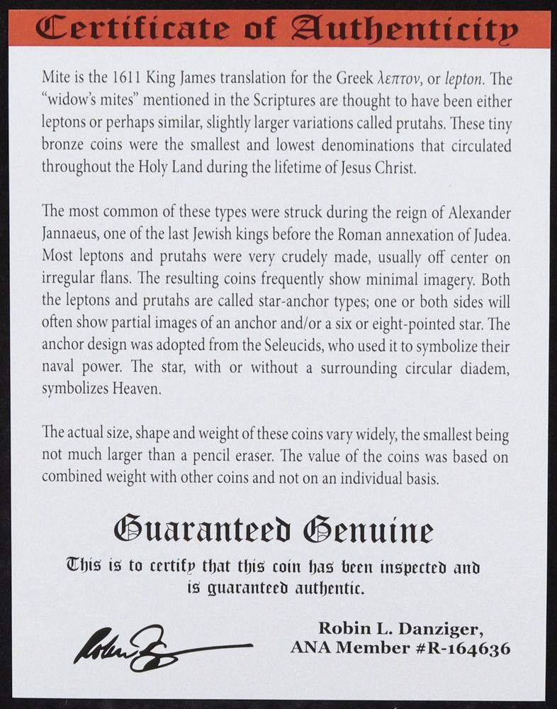 Biblical "Widow's Mite" Judaea 103-76 BC Alex Jannaeus AE Prutah (NGC) at PristineAuction.com Biblical "Widow's Mite" Judaea 103-76 BC Alex Jannaeus AE Prutah (NGC) at PristineAuction.com