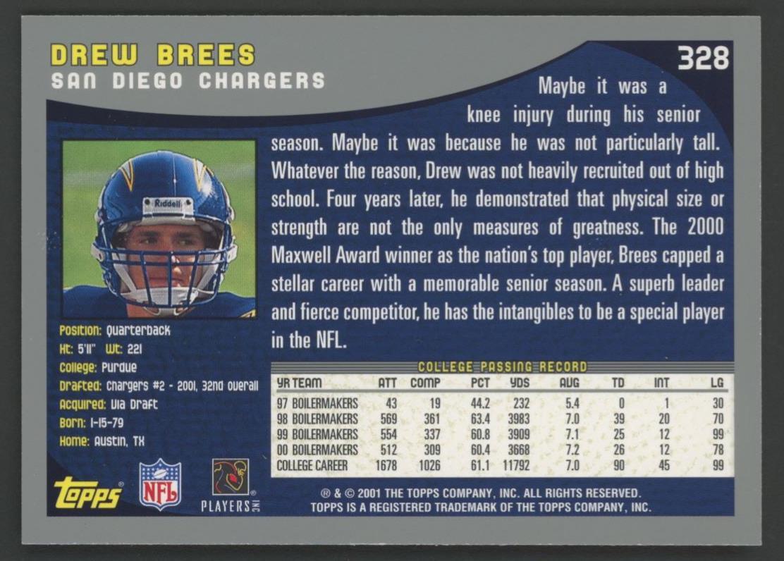 Drew Brees 2001 Topps #328 RC at PristineAuction.com Drew Brees 2001 Topps #328 RC at PristineAuction.com