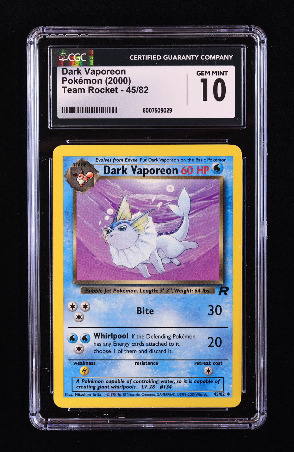 Dark Vaporeon Pokemon 2000 Team Rocket #45 (CGC 10) at PristineAuction.com Dark Vaporeon Pokemon 2000 Team Rocket #45 (CGC 10) at PristineAuction.com
