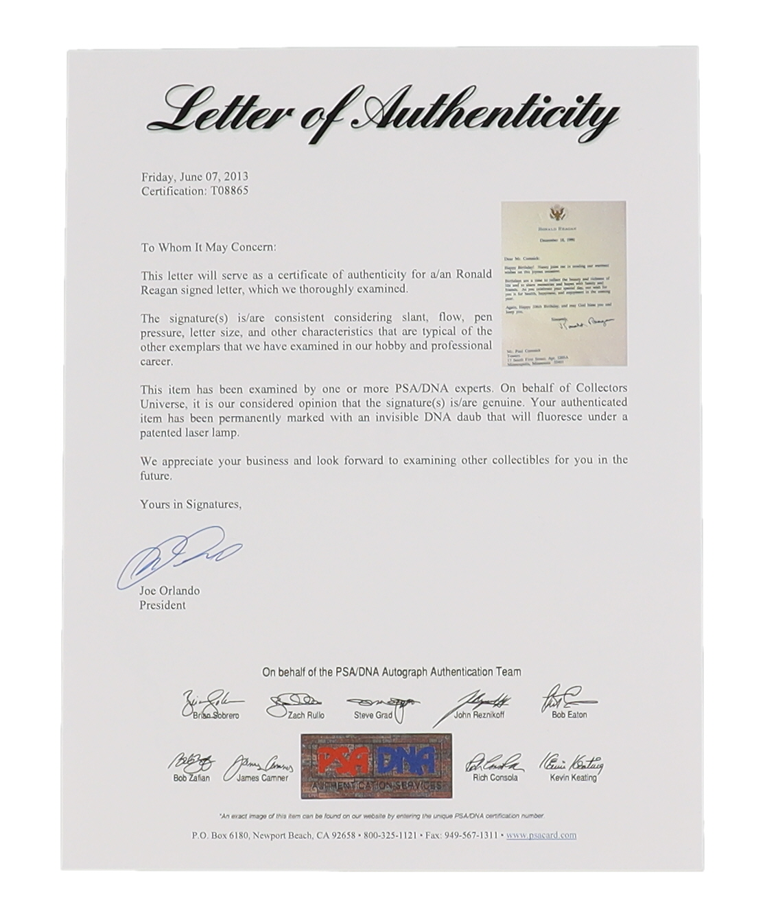 Ronald Reagan Signed 1990 Typewritten Letter on Presidential Stationary (PSA) at PristineAuction.com Ronald Reagan Signed 1990 Typewritten Letter on Presidential Stationary (PSA) at PristineAuction.com