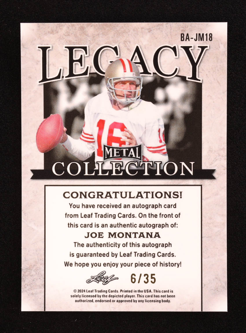 Joe Montana 2024 Leaf Legacy Collection #BA-JM18 Autograph Silver Prismatic SP Variation #6/35 at PristineAuction.com Joe Montana 2024 Leaf Legacy Collection #BA-JM18 Autograph Silver Prismatic SP Variation #6/35 at PristineAuction.com