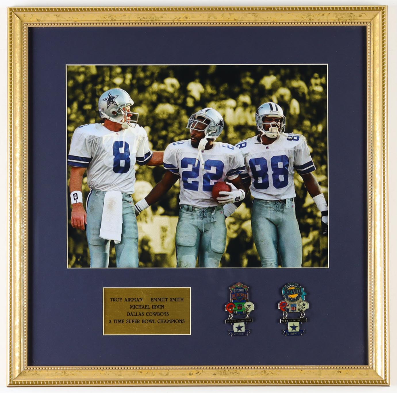 Troy Aikman, Emmitt Smith & Michael Irvin Custom Framed Photo Display with Official Super Bowl XXVII & XXVIII Official Pin at PristineAuction.com Troy Aikman, Emmitt Smith & Michael Irvin Custom Framed Photo Display with Official Super Bowl XXVII & XXVIII Official Pin at PristineAuction.com
