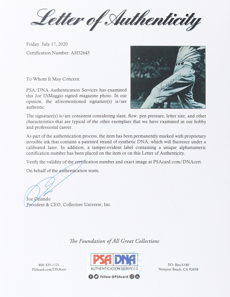 Joe DiMaggio Signed Yankees 11x15 Magazine Photo (PSA) at PristineAuction.com Joe DiMaggio Signed Yankees 11x15 Magazine Photo (PSA) at PristineAuction.com