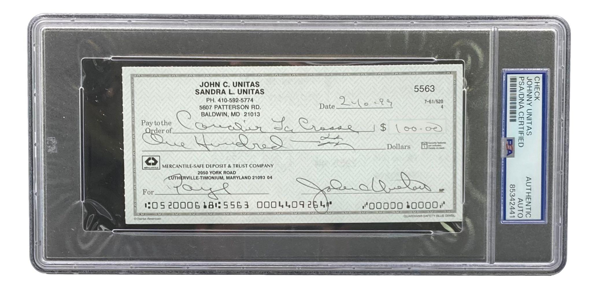 Johnny Unitas Signed 1999 Personal Check (PSA) at PristineAuction.com Johnny Unitas Signed 1999 Personal Check (PSA) at PristineAuction.com