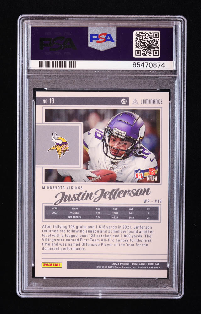 Justin Jefferson 2023 Panini Luminance Red #19 #11/25 (PSA 10) at PristineAuction.com Justin Jefferson 2023 Panini Luminance Red #19 #11/25 (PSA 10) at PristineAuction.com