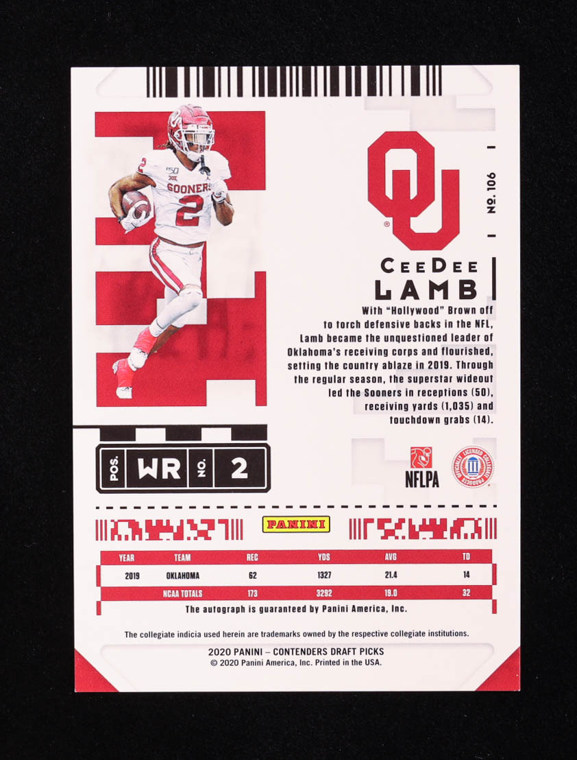 CeeDee Lamb 2020 Panini Contenders Draft Picks Bowl Ticket #106A Autograph RC #17/25 at PristineAuction.com CeeDee Lamb 2020 Panini Contenders Draft Picks Bowl Ticket #106A Autograph RC #17/25 at PristineAuction.com