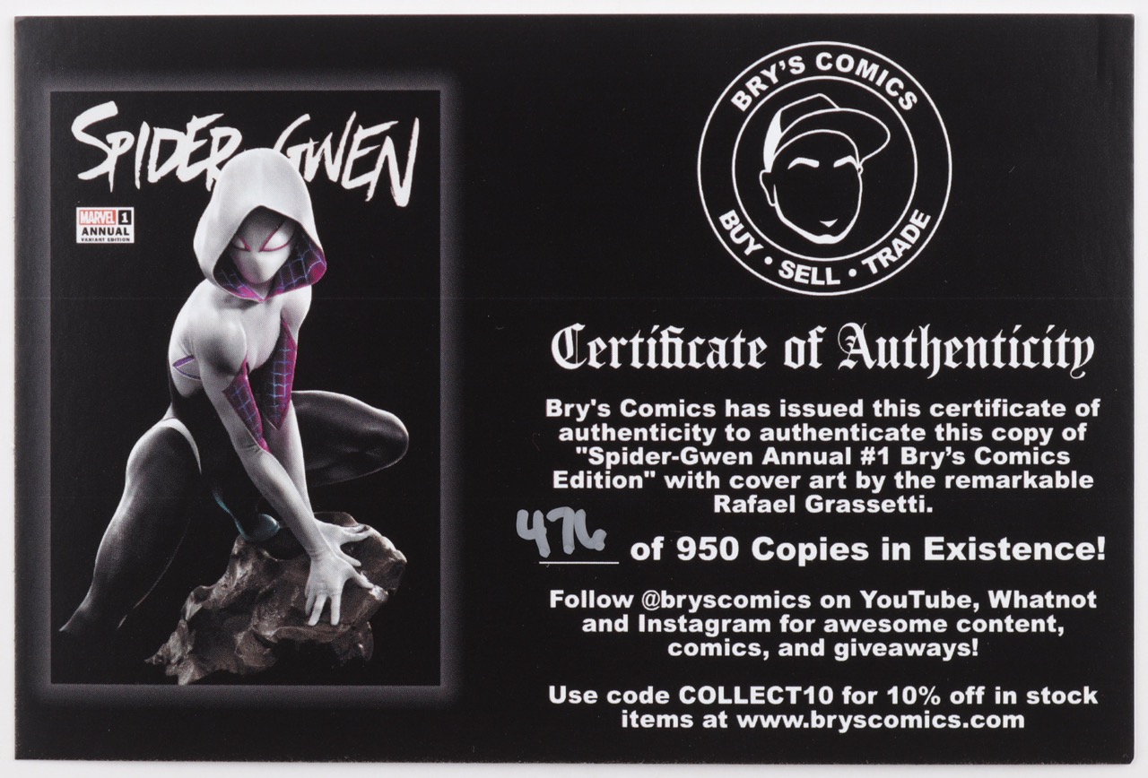 2023 "Spider-Gwen Annual" Issue #1 Grassetti Trade Dress Variant Cover Marvel Comic Book #476/950 (CGC 9.8) at PristineAuction.com 2023 "Spider-Gwen Annual" Issue #1 Grassetti Trade Dress Variant Cover Marvel Comic Book #476/950 (CGC 9.8) at PristineAuction.com