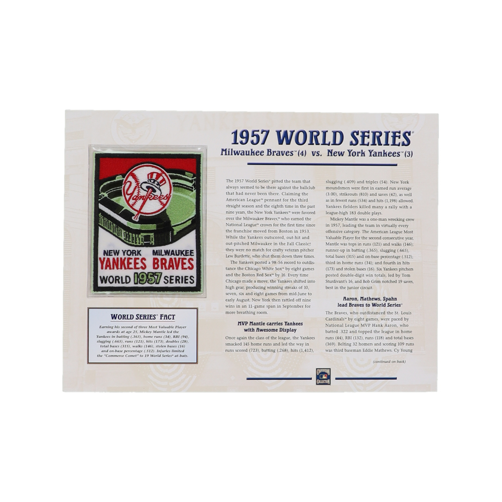 1957 World Series 9x12 Braves vs. Yankees Commemorative Stat Card With Cloth Patch at PristineAuction.com